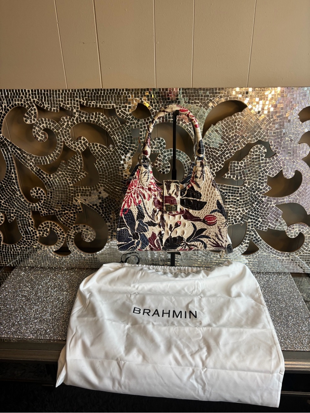 Brahmin Floral Embossed Leather Shoulder Bag - Cream, Navy & Red Accents⭐️